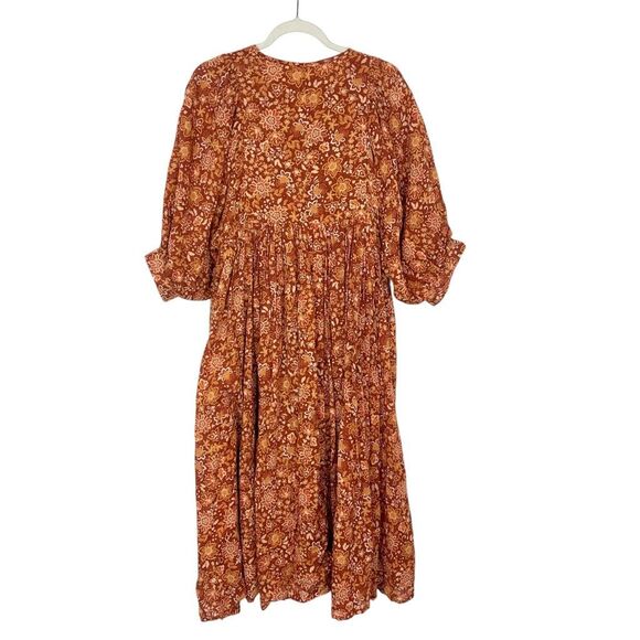 NWT Sundry Midi Dress Brown Orange Floral Cotton Boho Oversized Puff Sleeve S 1 - Picture 4 of 15